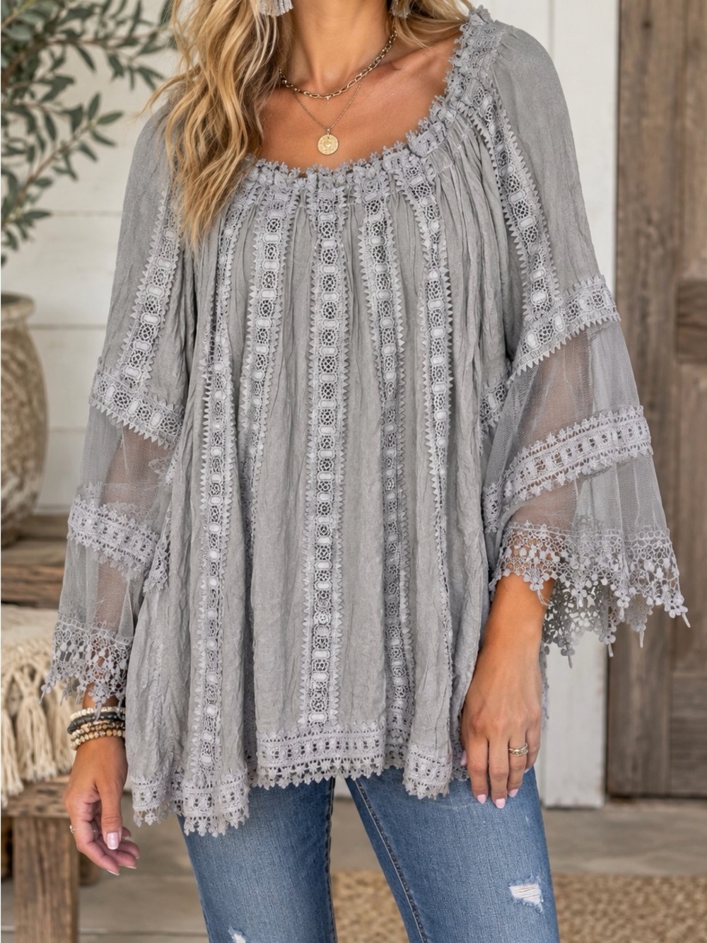 POL Gray Lace-Trim Peasant Tunic-Small NWT